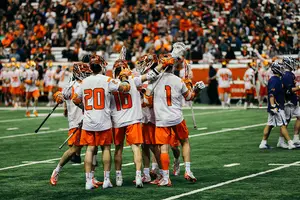 Syracuse, pictured against Albany, rose in the Inside Lacrosse poll after nearly falling out of the top-20 the week prior. 