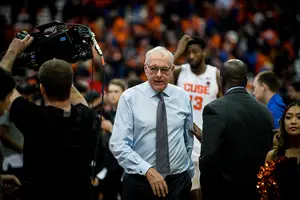 Jim Boeheim wanders the sideline during Syracuse's matchup with Duke.