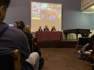 Madrid’s Assistant Director of Academics Amalia Yrizar (left), Director Dieter Kuehl and Director of Student Life Ariadne Ferro Bajuelo hosted a forum Wednesday at the Syracuse University center, where they encouraged students to share their thoughts about recent uses of the N-word in classes.