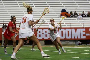 Megan Carney, right, scored once during Tuesday's win over Cornell. 