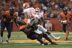 Chris Slayton sacks former Clemson quarterback Kelly Bryant during Syracuse's 2017 win over the then-No. 2 team in the nation.