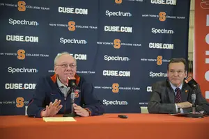 Wildhack, right, addresses the media in 2017.