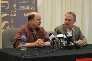 Jason Alexander (left) discussed his vision for “The Last Five Years” at a press conference last week, accompanied by Robert Hupp, artistic director of Syracuse Stage.