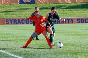 Sophomore Kailee Coonan defends the ball in the match against Siena earlier this season. 