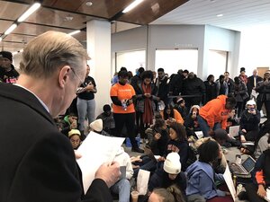Chancellor Kent Syverud read a list of students' demands on Wednesday. He only spoke for a few minutes before leaving. 