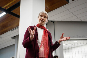 State Sen. Rachel May encouraged students to pressure SU's Board of Trustees.
