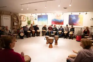 The drummers in the Creative Rhythms Drum Circle play djembe drums, a type of hand drums that originated in West Africa, at their monthly events.