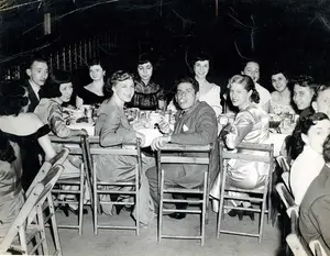 Jerry Stiller (center) is seated during a Boar’s Head Dramatic Society banquet in the late 1940s. He starred in many Boar’s Head productions including “Long Live Love” and “The Bourgeois Gentleman.”


