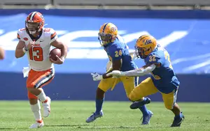 Syracuse quarterback Tommy DeVito was sacked seven times against Pittsburgh as the Orange lost 21-10.