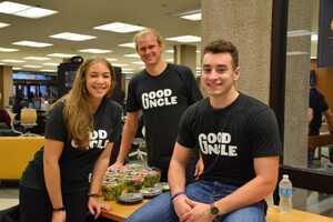 (From left) Sam Benvegna, Matt Duomar and Dylan Gans sit in Bird Library in 2016 to promote Good Uncle to SU students. Duomar is now the company’s CEO and Gans is the director of growth and marketing.