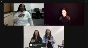 Grammy-nominated R&B duo Chloe Bailey (bottom right) and Halle (bottom left) performed hits and chatted on Friday night. ASL interpreters Michele Johnson (top right) and Chelsea Sherwood joined the two.