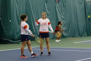 Sofya Treshcheva (left) and Polina Kozyreva (right) beat Virginia Tech's No. 2 doubles pair, 6-1.