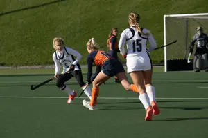 Charlotte de Vries (pictured in fall against Louisville) scored Syracuse's only goal of the game.