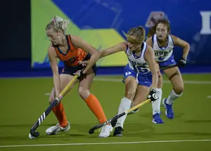 Charlotte de Vries (pictured against Duke) scored Syracuse's only goal in its 2-1 double overtime loss against Boston College.
