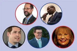 (Clockwise from top left) Thomas Babilon, Khalid Bey, Janet Burman, Michael Greene and Ben Walsh are all running for Syracuse mayor. 