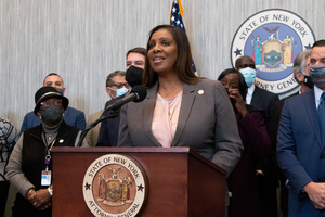 New York Attorney General Letitia James (front) announced that the state will distribute $1.5 billion secured from the settlements with opioid manufacturers and distributors. Photo taken in February 2022.