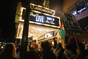 Hundreds of protesters gathered outside of Syracuse's Landmark Theatre to rally in support of Palestine. Attendees chanted that comedian Jerry Seinfeld was 