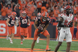 Oronde Gadsden II celebrating a catch during Syracuse's win over NC State on Oct. 15, 2022. SU head coach Fran Brown said Gadsden will not return during the 2024 spring practice slate.