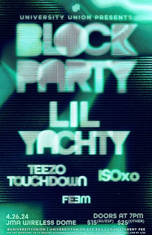 University Union will welcome Lil Yachty to headline this year’s Block Party. Teezo Touchdown, ISOxoStudent and DJ FEƎM will also perform. 