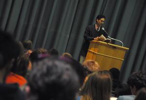 Rahul Mehta, author and Syracuse University alumnus, speaks in Gifford Auditorium on Wednesday night. He spoke about his first book of short stories Quarantine