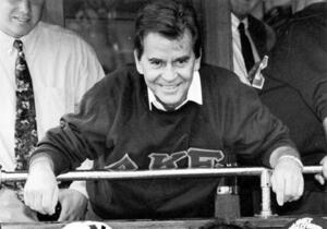 Dick Clark, a 1951 Syracuse University alumnus and member of the Delta Kappa Epsilon fraternity, sits with students during 1992 Homecoming Weekend activities. The media mongul, 82, passed away Wednesday. 