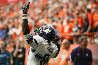 Northwestern wide receiver Demetrius Fields reacts after scoring a touchdown in the final minute to give Northwestern a 42-41 lead.