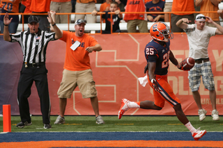Wide receiver Jeremiah Kobena (25), strides into the end zone after catching a touchdown pass from Ryan Nassib.