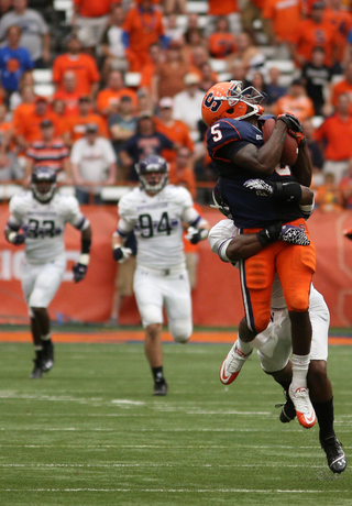 Syracuse wide receiver Marcus Sales comes down with a catch in the second half. 