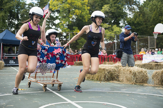 Team Phi Sigma Sigma races in one of the early heats at the Red Bull Chariot Race.