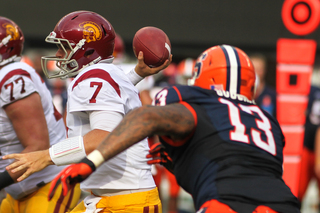 USC Trojans quarterback Matt Barkley #7 throws the ball in the first half of the game against Syracuse. 