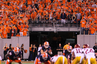 The student section at Metlife stadium cheers on the Syracuse offense.