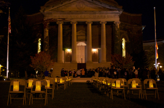 Thirty-five chairs are organized in front of Hendricks Chapel, representing the 35 SU students killed in the Pan Am Flight 103 bombing.