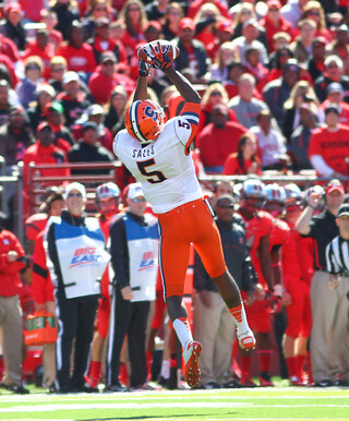 Syracuse wide receiver Marcus Sales makes a catch in the air.