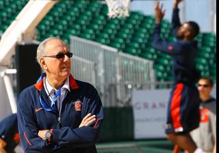 Head coach Jim Boeheim looks on during media day on Nov. 10, 2012 before Sunday's Battle on the Midway game against the San Diego State Aztecs aboard the USS Midway.