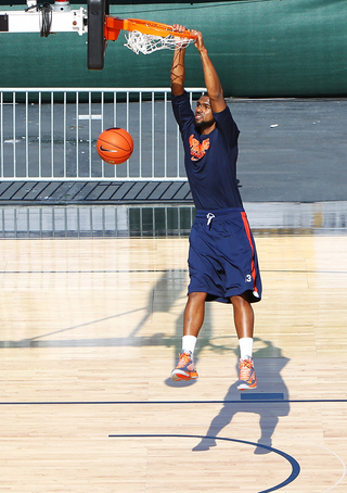 James Southerland dunks the ball during media day on Nov. 10, 2012 before Sunday's Battle on the Midway game against the San Diego State Aztecs aboard the USS Midway.