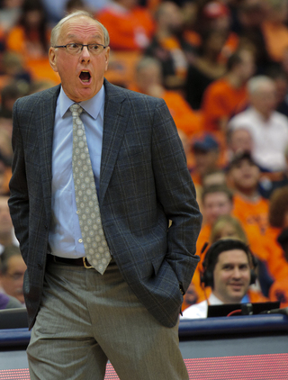 Syracuse head coach Jim Boeheim shouts to his team on the court.