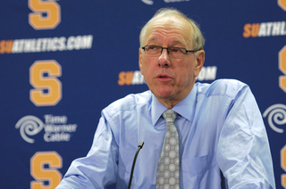 Syracuse head coach Jim Boeheim speaks to the media in his postgame press conference.