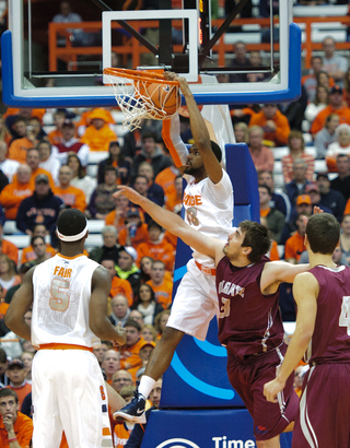 James Southerland finishes a dunk against Colgate. Southerland scored a team-high 18 points.