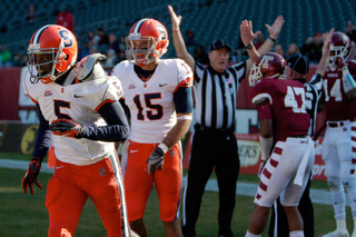 Syracuse wide receiver Marcus Sales jogs off the field after hauling in a touchdown in the second quarter.