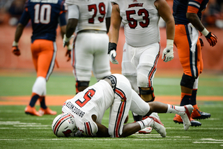 Louisville quarterback Teddy Bridgewater is slow to get up following a hit.