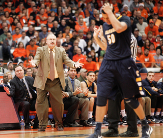 Canisius head coach Jim Baron argues with an official.