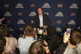 West Virginia head coach Dana Holgorsen addresses the media at Wednesday's Pinstripe Bowl news conference. Holgorsen is in his second season as WVU head coach.