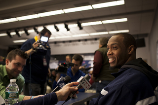 West Virginia wide receiver Tavon Austin laughs with a reporter during the Pinstripe Bowl media day on Wednesday.