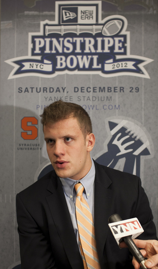 Ryan Nassib meets the media as he sits at Wednesday's Pinstripe Bowl media opportunity. Nassib led the Orange to victory in the inaugural Pinstripe Bowl in 2010.