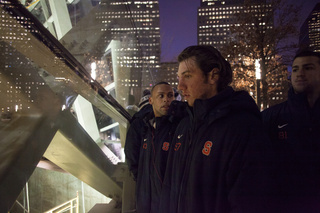 Syracuse wide receiver Macauley Hill walks outside while the Orange visits the 9/11 Memorial.