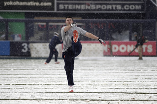 Syracuse defensive end Robert Welsh (94) warms up before the game. Syracuse takes on West Virginia in the 2012 Pinstripe Bowl at a snowy Yankee Stadium on Saturday, Dec. 29, 2012, in New York City. 