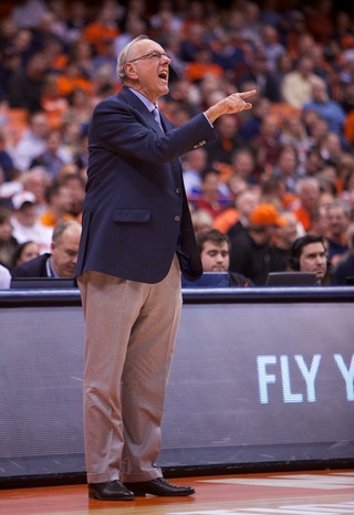 Syracuse University head coach Jim Boeheim shouts directions from the sideline.