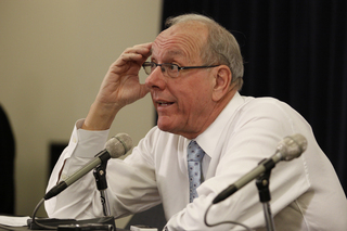 Jim Boeheim speaks at the post-game press conference after his team's first loss of the season.