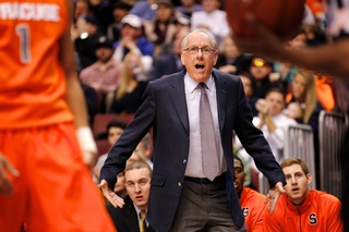 Syracuse head coach Jim Boeheim reacts after a call in the first half.