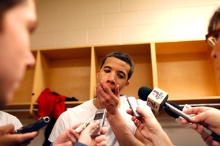 Syracuse guard Michael Carter-Williams (1) reacts to questions in the locker room after the game.